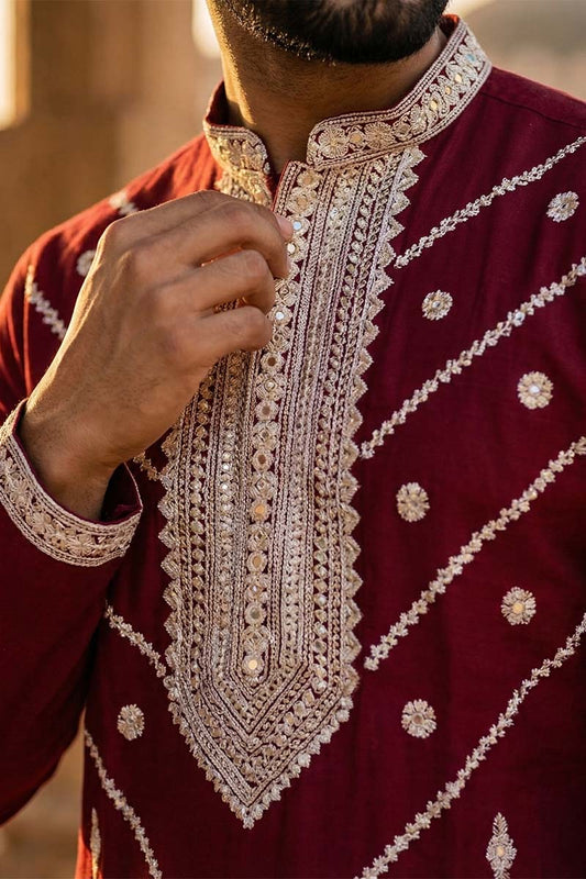 Ethnic Bay Maroon Silk Blend Embroidered Straight Kurta With Trousers MKSET2048