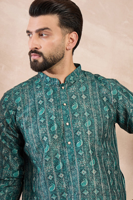 Green Silk Blend Ethnic Motifs Printed Straight Kurta MKU1996