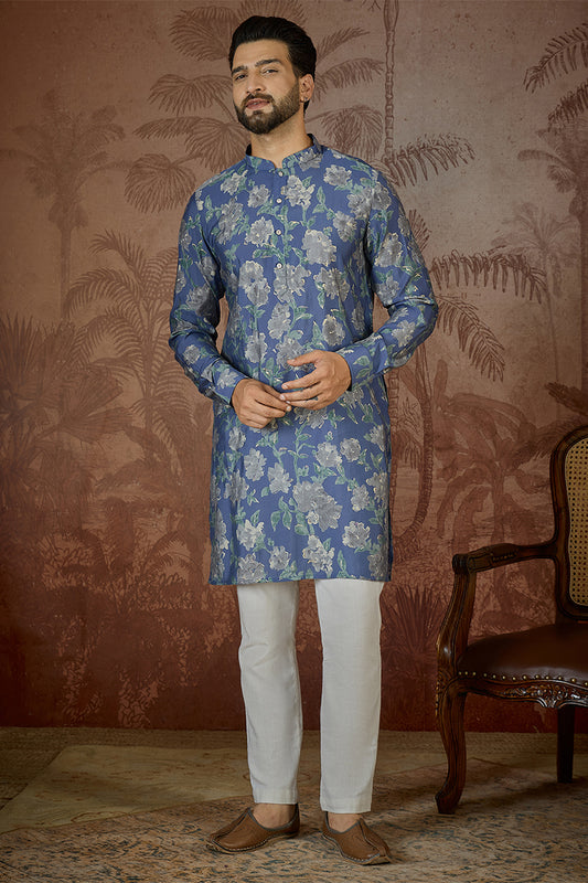 Ethnic Bay Mens Blue Silk Blend Floral Printed Kurta With Trouser MKSET2567