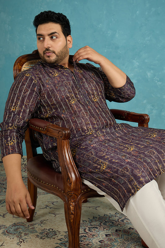 Ethnic Bay Mens Violet Silk Blend Ethnic Motifs Zari Printed Kurta MKU1954