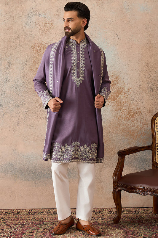 Ethnic Bay Mens Lavender Silk Blend Solid Embroidered Kurta With Dupatta MKUD1009