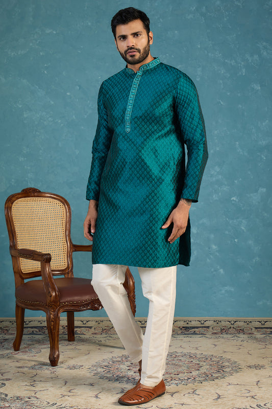 Ethnic Bay Mens Green Silk Blend Woven Design Straight Kurta With Trouser MKSET1838