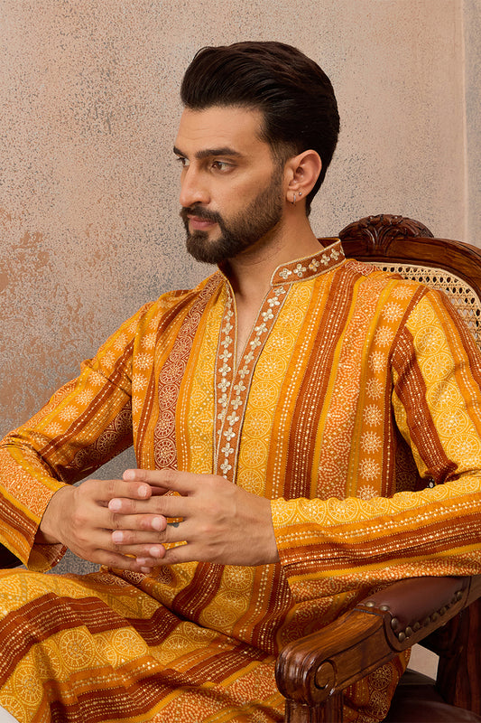 Ethnic Bay Mens Yellow Viscose Rayon Bandhani Printed Kurta MKU2762