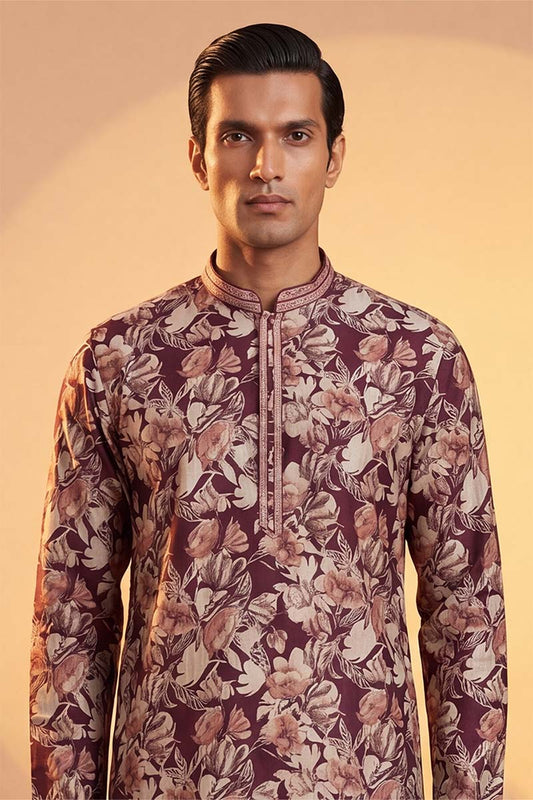 Ethnic Bay Mens Purple Viscose Rayon Floral Printed Kurta MKU1981