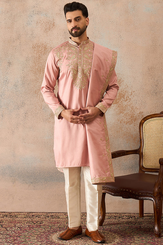Ethnic Bay Men Pink Zari Embroidered Silk Blend Kurta with Dupatta MKUD1045