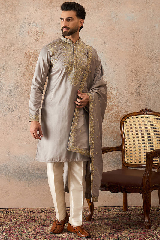Ethnic Bay Men Grey Silk Blend Embroidered Ethnic Kurta with Trousers & Dupatta MKPD1044
