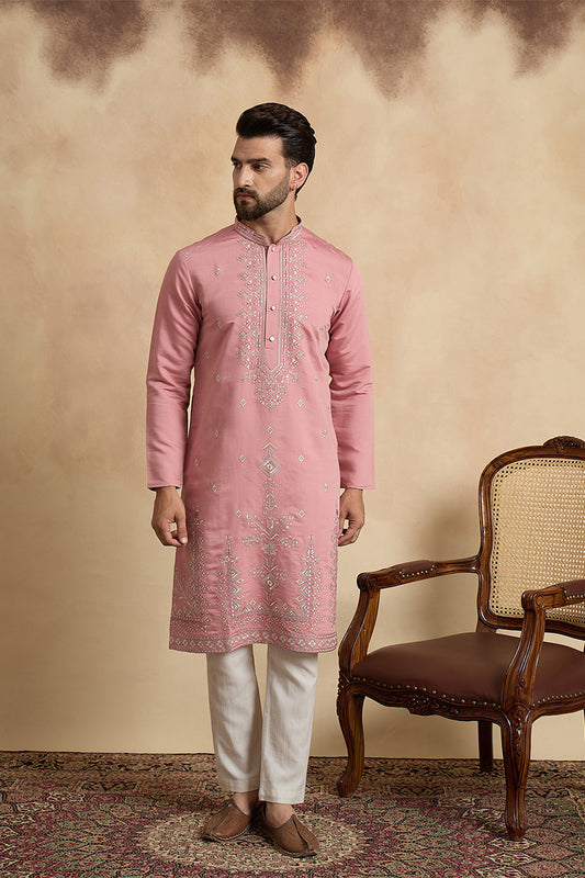 Ethnic Bay Mens Pink Silk Blend Solid Embroidered Straight Kurta MKU2526