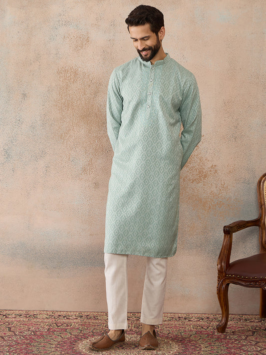 Ethnic Bay Mens Green Linen Blend Geometric Woven Design Kurta With Trouser MKSET2365