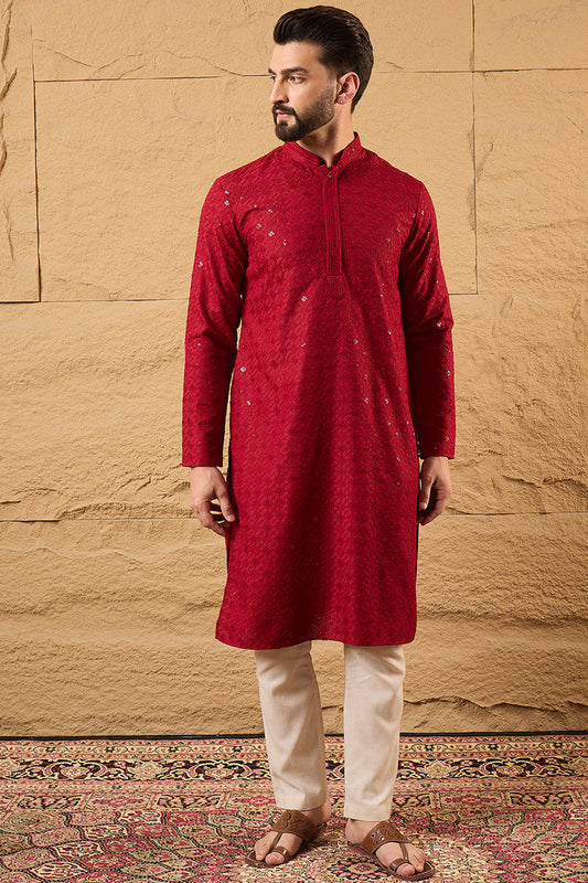 Maroon Rayon Blend Solid Embroidered Straight Kurta