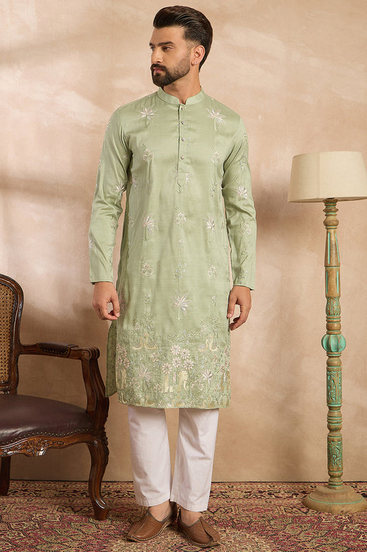 Olive Silk Blend Solid Embroidered Straight Kurta MKU1682