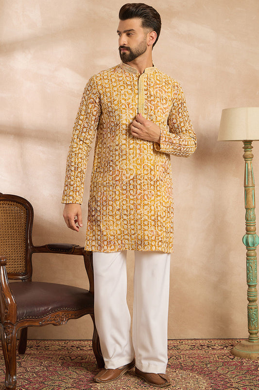 Yellow Viscose Rayon Batik Embroidered Straight Kurta MKU1656