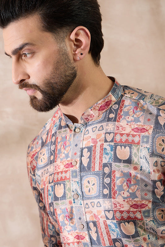Multi Silk Blend Printed Mandarin Collar Straight Kurta MKU2001