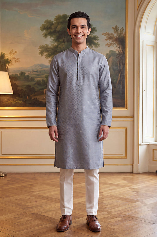 Ethnic Bay Mens Grey Jacquard Ethnic Motifs Woven Design Kurta With Trouser MKSET2642