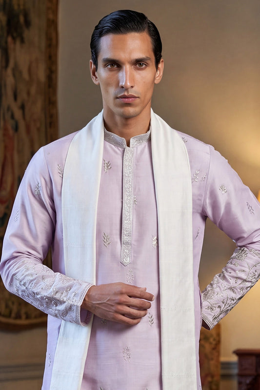 Ethnic Bay Men Lavender Silk Blend Floral Embroidered Straight Kurta Sets MKPD1781