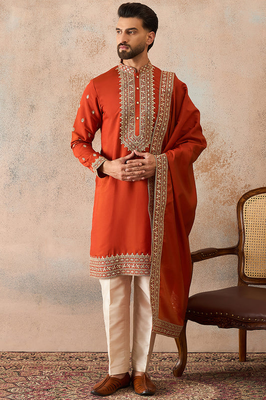 Ethnic Bay Mens Orange Silk Blend Solid Embroidered Kurta And Trouser With Dupatta MKPD1028
