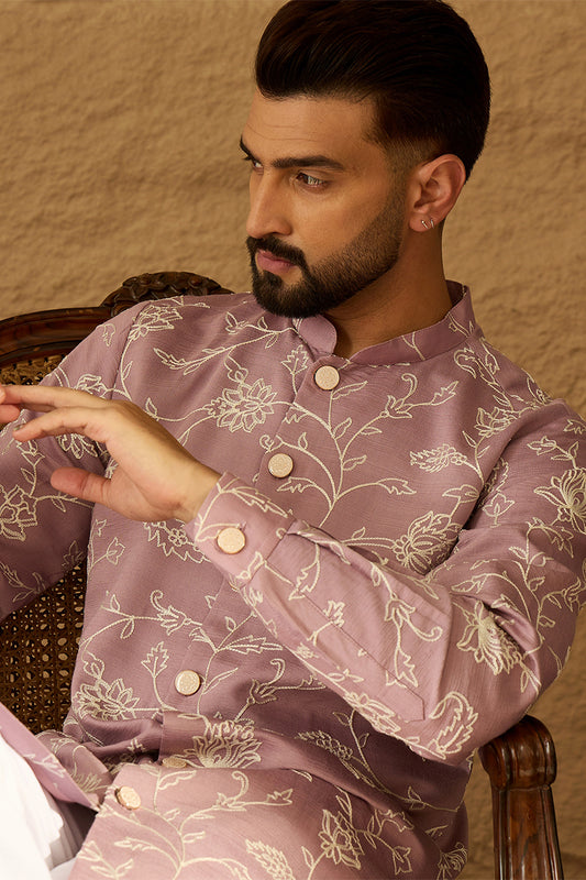Lavender Viscose Rayon Solid Embroidered Straight Kurta with Trouser MKSET1704