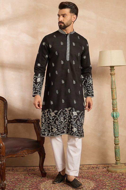 Black Silk Blend Solid Embroidered Straight Kurta MKU1782