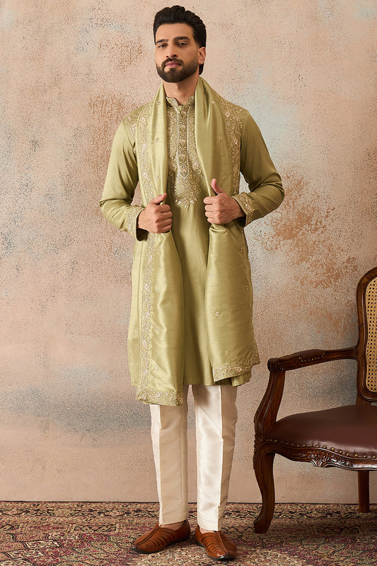 Ethnic Bay Men Green Zari Embroidered Silk Blend Kurta with Trousers & Dupatta MKPD1046