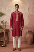 Ethnic Bay Mens Red Silk Blend Solid Emboidered Straight Kurta With Trouser MKSET2314