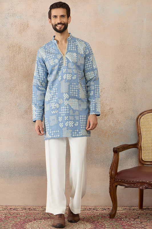 Ethnic Bay Mens Blue Silk Blend Solid Embroidered Kurta With Trouser MKSET2454