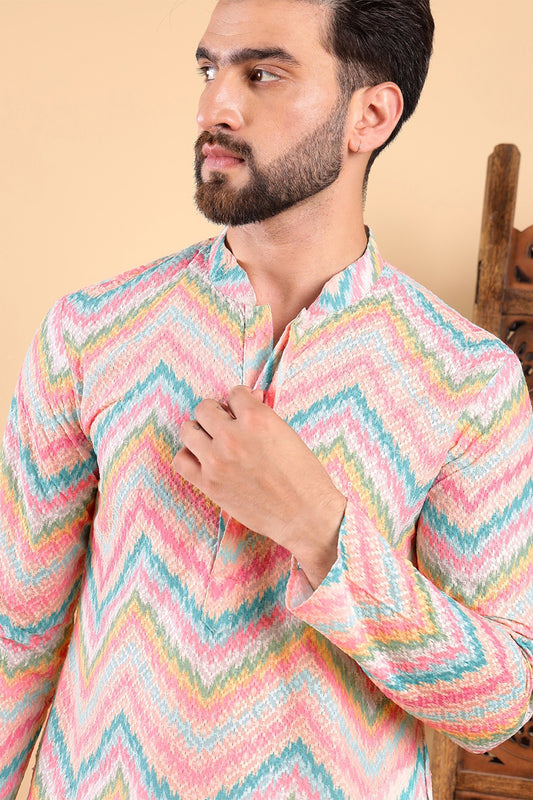 Ethnic Bay Teal Viscose Rayon Chevron Embroidered Straight Kurta For Men MKU1008TIL