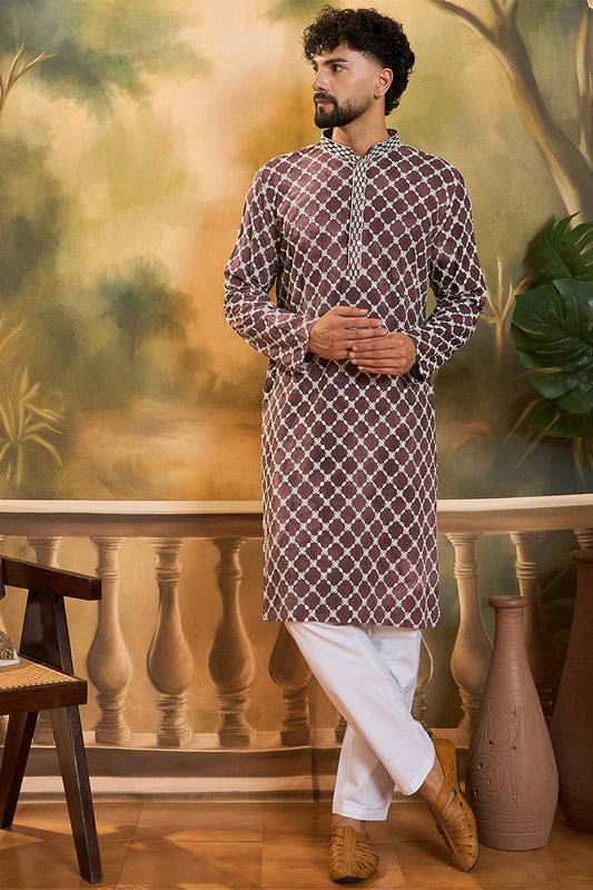 Ethnic Bay Dusty Purple Silk Blend Embroidered Straight Kurta With Trousers MKSET1418