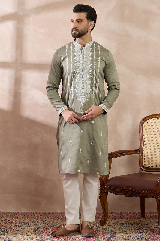 Ethnic Bay Green Silk Blend Embroidered Mandarin Collar Straight Kurta MKU1791