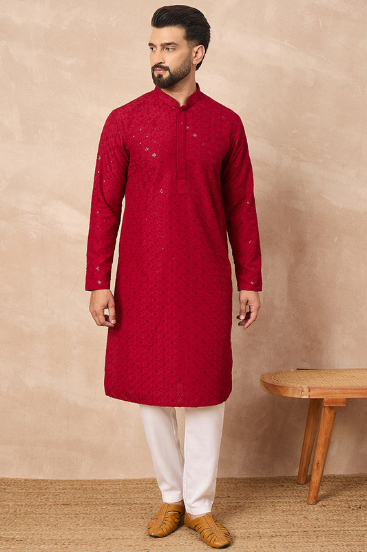 Maroon Viscose Rayon Solid Embroidered Straight Kurta