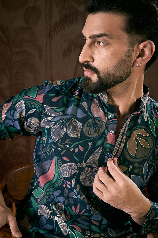 Blue Silk Blend Floral Printed Straight Kurta With Trouser MKSET1962