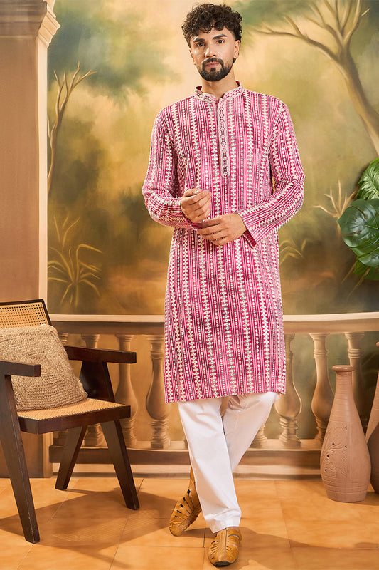 Ethnic Bay Red Viscose Rayon Embroidered Straight Kurta With Trousers MKSET1413
