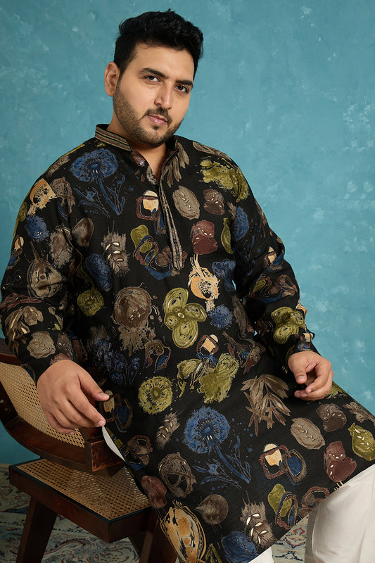 Ethnic Bay Mens Black Silk Blend Abstract Printed Kurta MKU1960