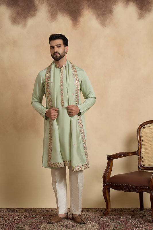 Ethnic Bay Mens Green Silk Blend Solid Embroidered Sequins Kurta & Trouser With Dupatta MKPD1070