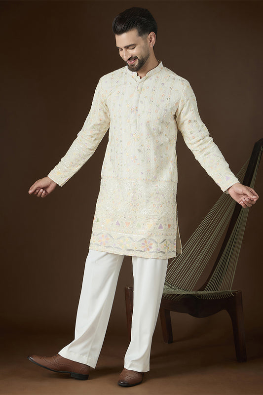 Ethnic Bay Off White Georgette Solid Embroidered Kurta With Trouser MKSET2732