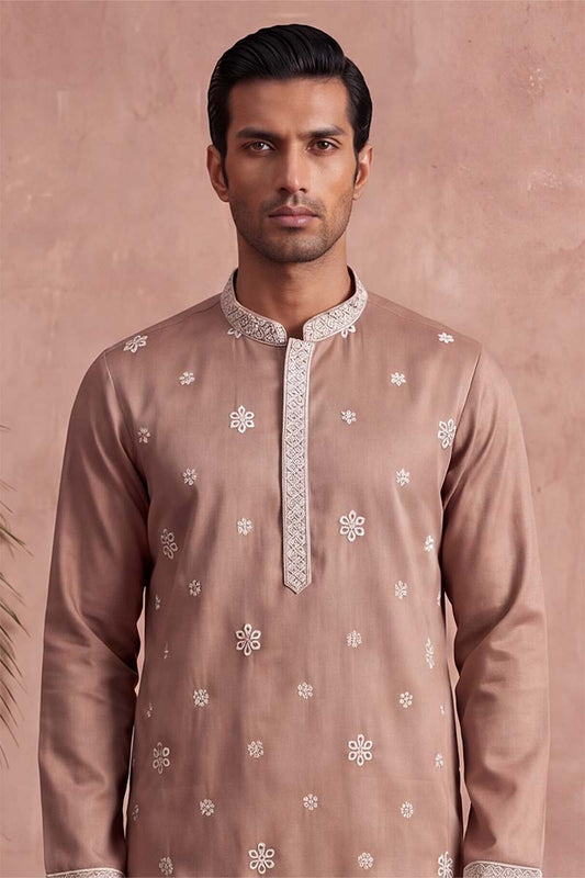 Ethnic Bay Mens Pink Silk Blend Solid Embroidered Kurta With Trousers MKSET2173