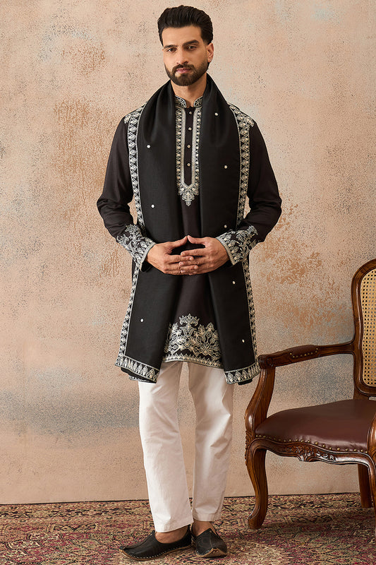 Ethnic Bay Mens Black Silk Blend Solid Embroidered Kurta & Trouser With Dupatta MKPD1012