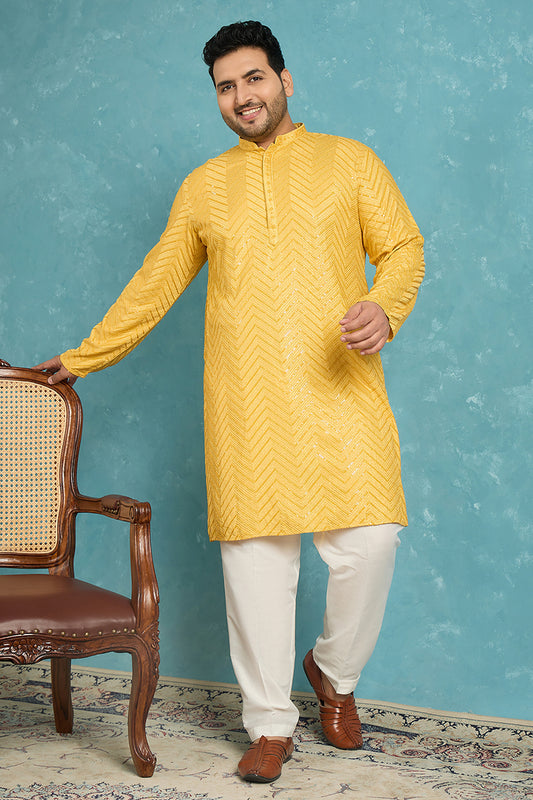 Ethnic Bay Mens Yellow Viscose Rayon Solid Thread Work Embroidered Kurta MKU1204