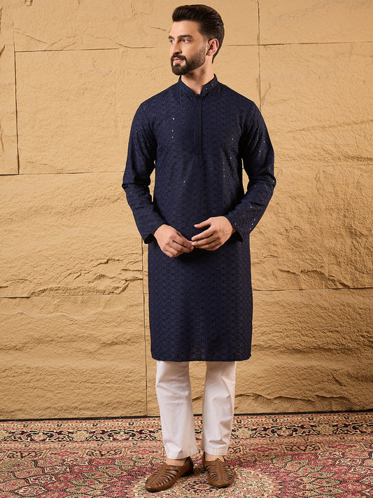 Blue Viscose Rayon Solid Embroidered Straight Kurta MKU1187