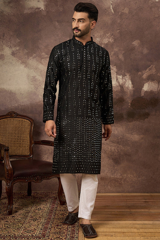 Black Silk Blend Solid Embroidered Straight Kurta With Pant Set MKSET1360