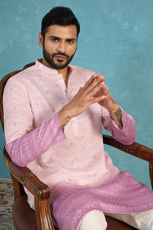 Ethnic Bay Mens Pink Silk Blend Woven Design Calf Length Straight Regular Kurta MKU2347