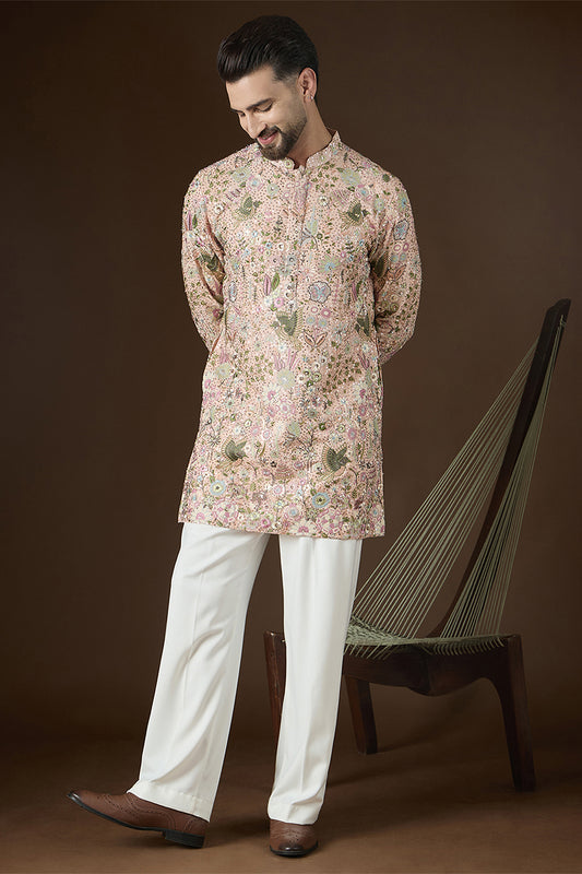 Ethnic Bay Peach Georgette Solid Embroidered Kurta MKU2726