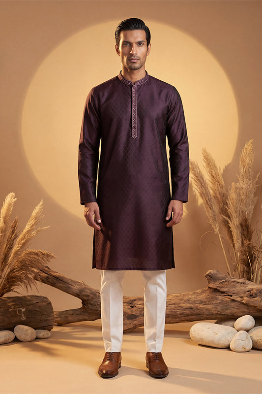 Ethnic Bay Mens Purple Silk Blend Woven Design Straight Kurta MKU1835