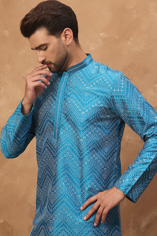 Blue Silk Blend Geometric Printed Straight Kurta MKU1531
