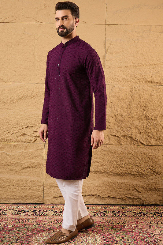 Purple Viscose Rayon Solid Embroidered Straight Kurta MKU1189