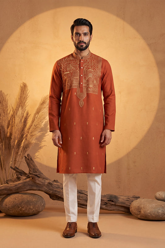 Ethnic Bay Mens Orange Silk Blend Solid Emboidered Straight Kurta With Trouser MKSET2372