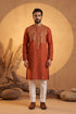 Ethnic Bay Mens Orange Silk Blend Solid Emboidered Straight Kurta With Trouser MKSET2372