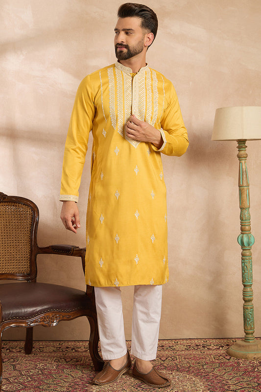 Yellow Silk Blend Geometric Embroidered Straight Kurta MKU1685