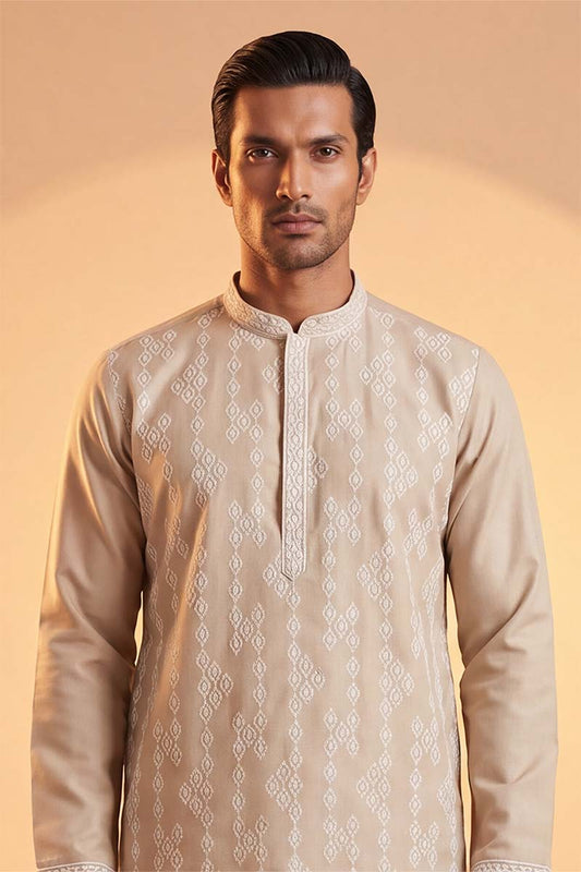 Ethnic Bay Mens Beige Silk Blend Solid Embroidered Kurta MKU2089