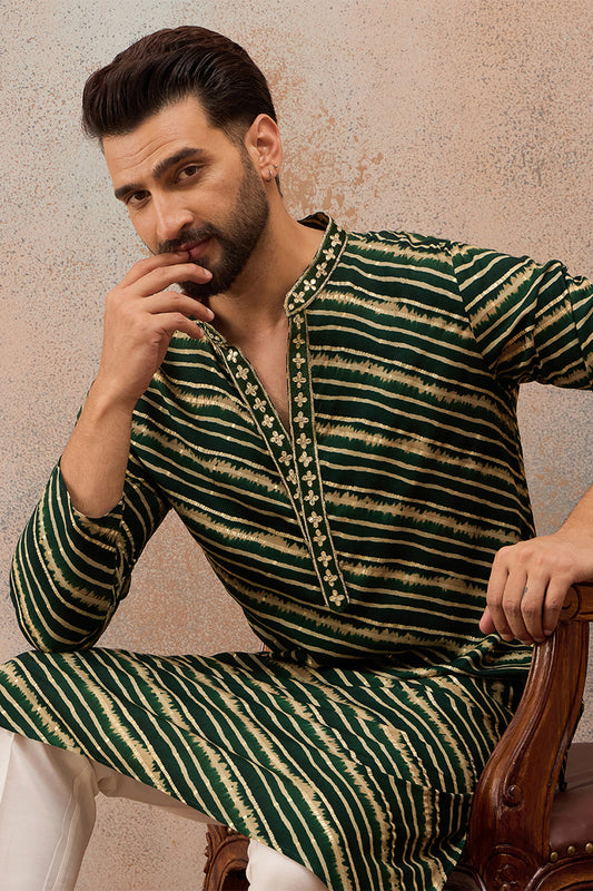 Ethnic Bay Mens Green Viscose Rayon Leheriya Printed Kurta MKU2757