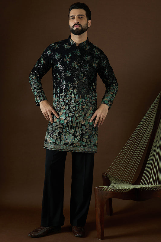 Black Silk Blend Solid Embroidered Straight Kurta MKU1876