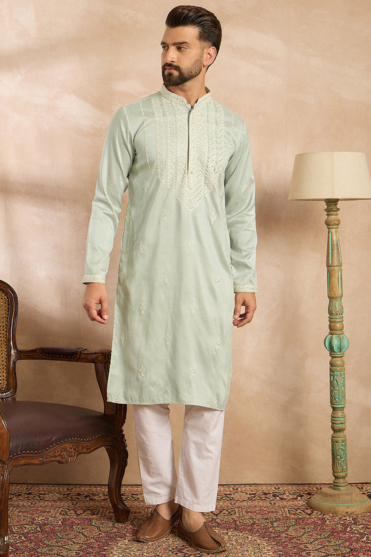 Green Silk Blend Geometric Embroidered Straight Kurta MKU1686
